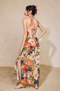 Tropical Floral Halter Maxi with Open Back | Botanic Fresco