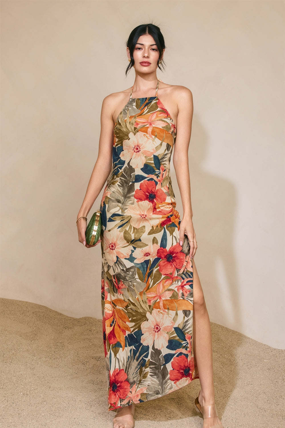 Tropical Floral Halter Maxi with Open Back | Botanic Fresco