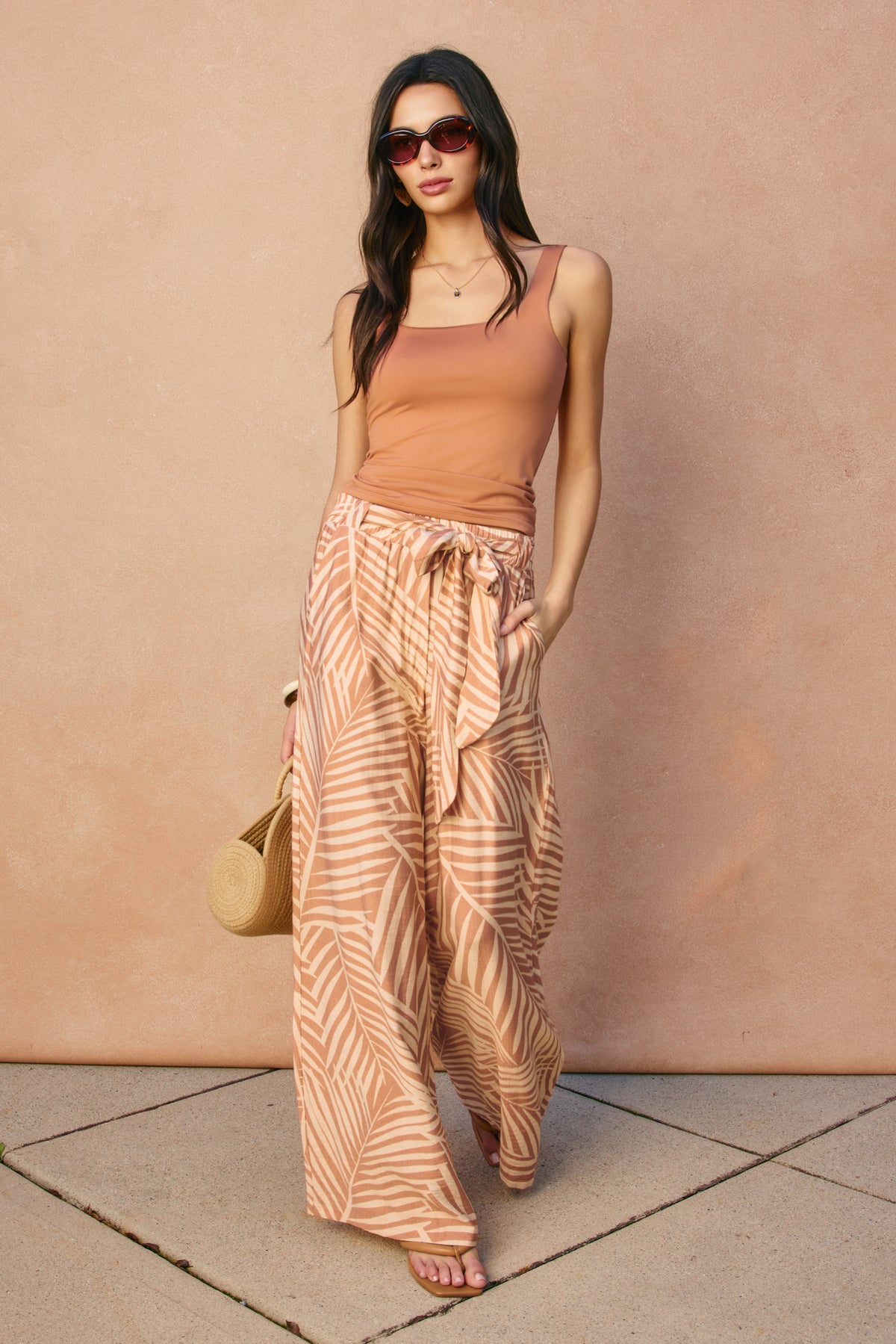 Tropical Leaf Looped Belt Pants | Brick Cream