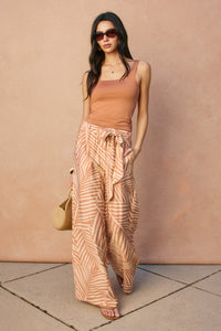 Tropical Leaf Looped Belt Pants | Brick Cream