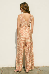 Tropical Button Down Belted Jumpsuit | Brick Cream
