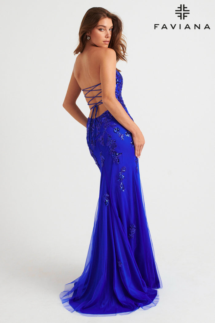 Faviana 11004 Strapless Beaded Tulle Gown with Lace-Up Back