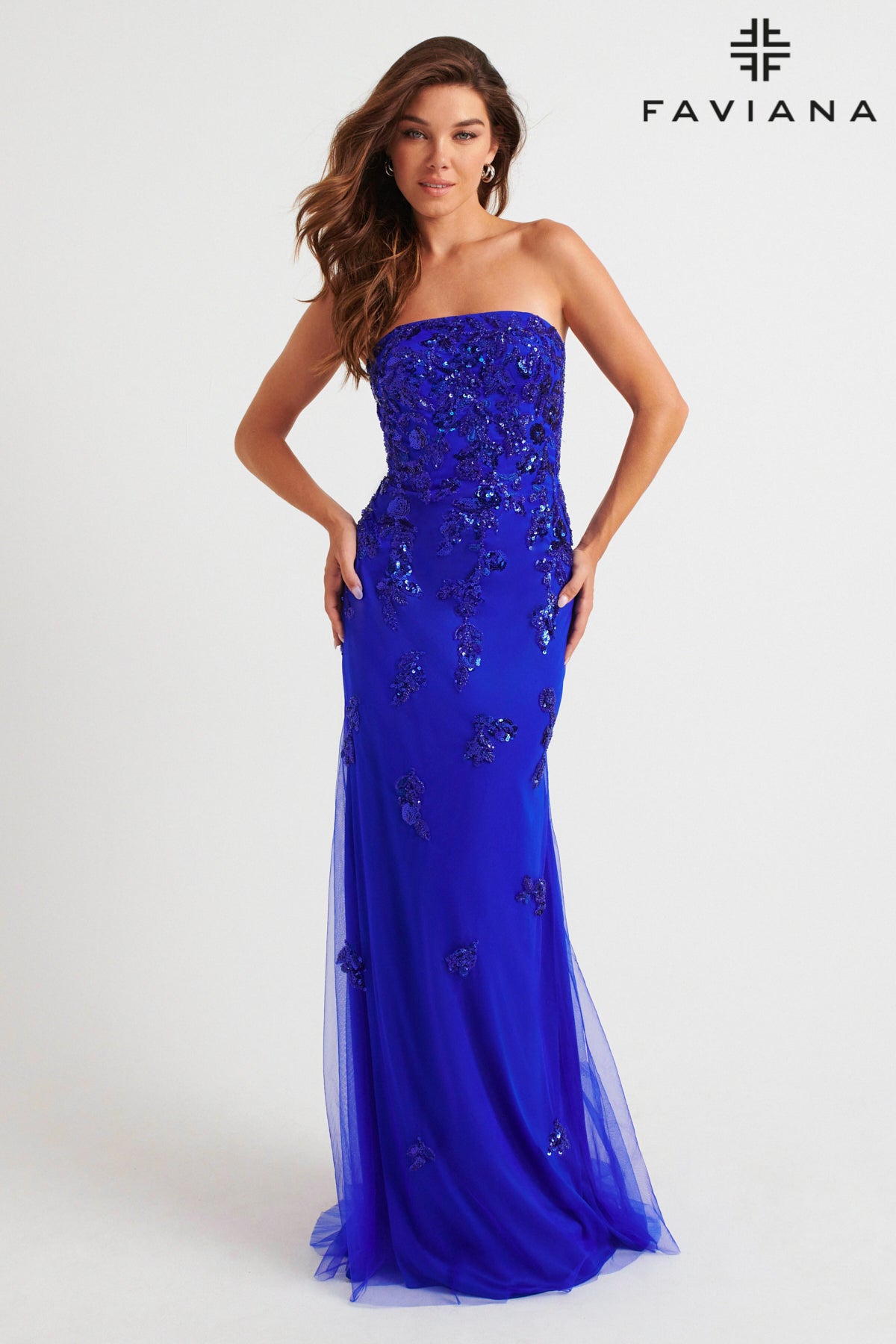 Faviana 11004 Strapless Beaded Tulle Gown with Lace-Up Back