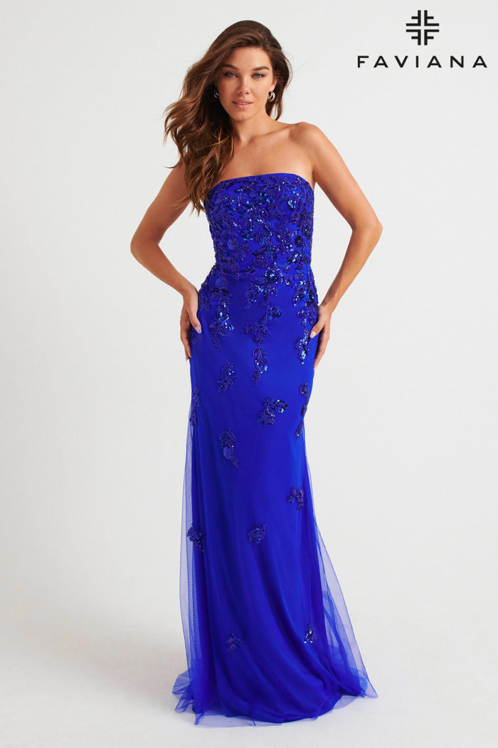 Faviana 11004 Strapless Beaded Tulle Gown with Lace-Up Back