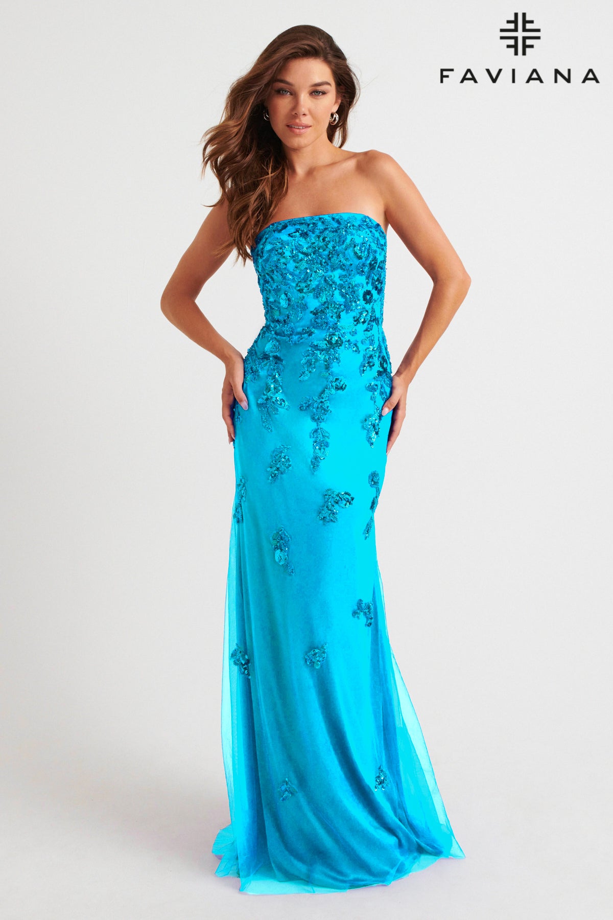 Faviana 11004 Strapless Beaded Tulle Gown with Lace-Up Back