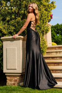 Faviana 11010 Satin V-Neck with Applique and Slit