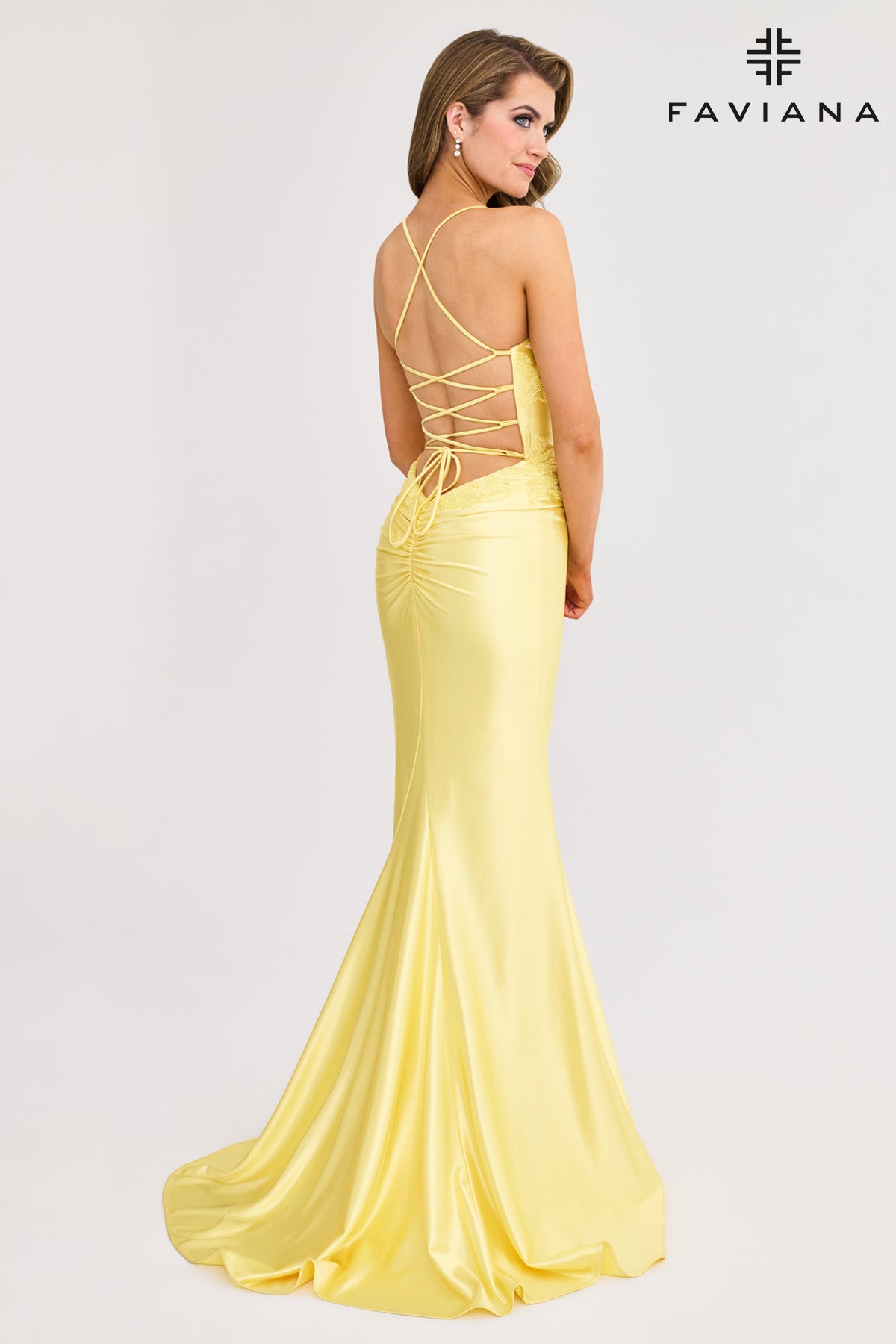 Faviana 11010 Satin V-Neck Applique Gown