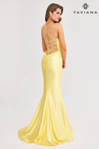 Faviana 11010 Satin V-Neck Applique Gown