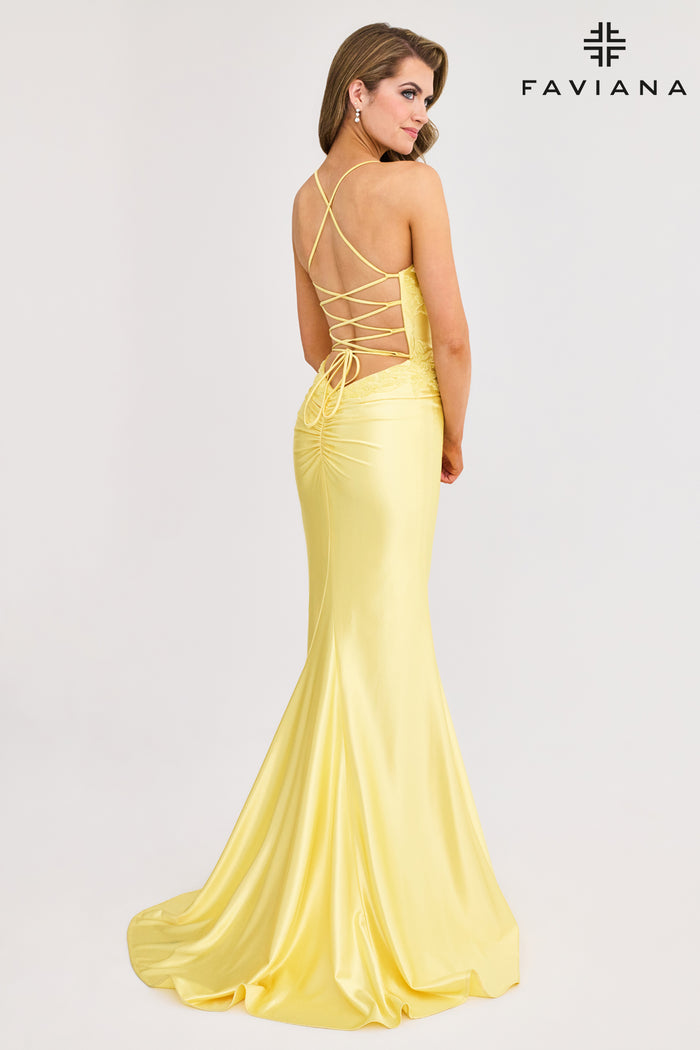 Faviana 11010 Satin V-Neck Applique Gown