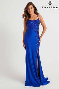 Faviana 11017 Scoop Neck Gown With Sequin Applique And Lace-Up Back