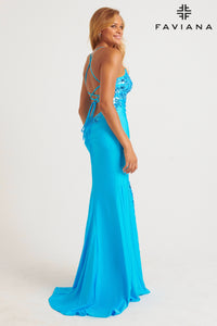 Faviana 11017 Scoop Neck Gown With Sequin Applique And Lace-Up Back | Sky Blue