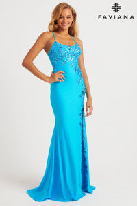 Faviana 11017 Scoop Neck Gown With Sequin Applique And Lace-Up Back | Sky Blue