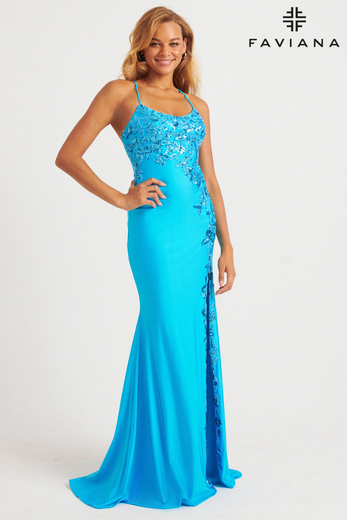 Faviana 11017 Scoop Neck Gown With Sequin Applique And Lace-Up Back | Sky Blue