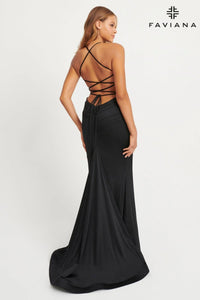 Faviana 11043 Cowl Neck Evening Gown With Stretch Lace Corset Detailing And Ruching