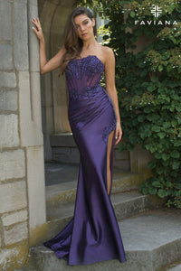 Faviana 11209 Beaded Corset Gown w/ Slit