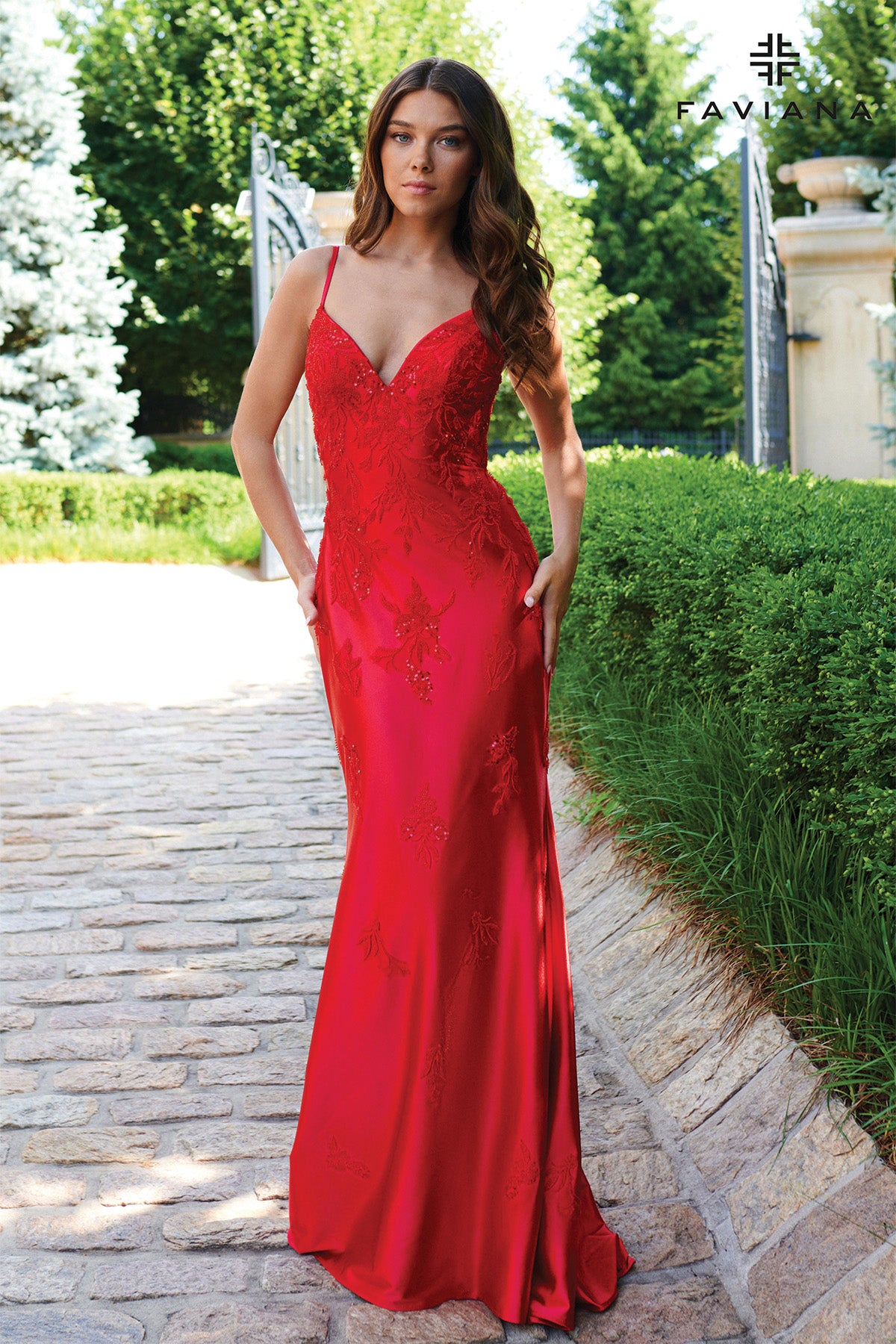 Faviana 11245 Cashmere Beaded Straight Satin Gown w/ Slit