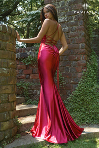 Faviana 11405 Deep V Satin Gown with Lace-Up Back