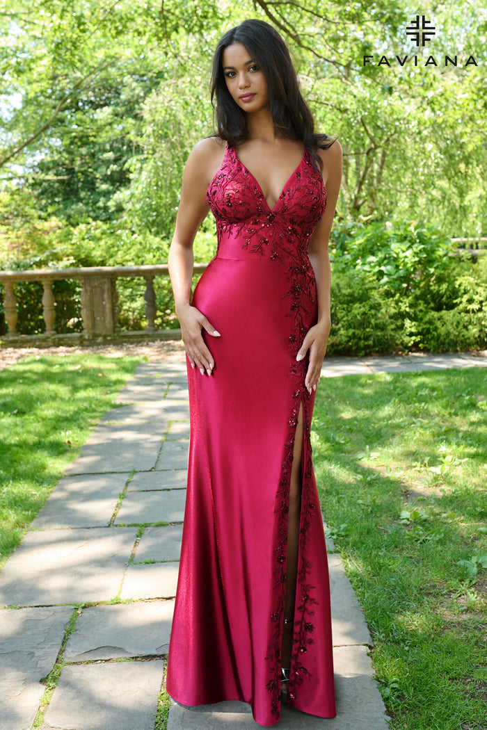 Faviana 11405 Deep V Satin Gown with Lace-Up Back