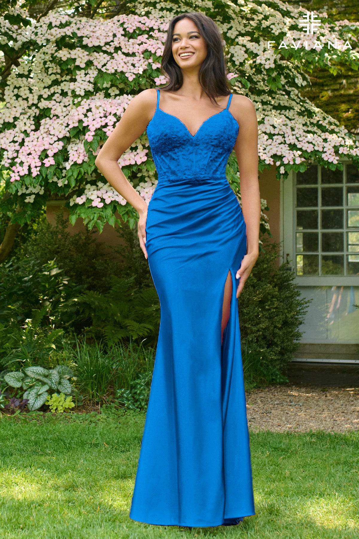 Faviana 11406 Beaded Satin Corset Gown