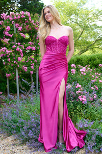 Faviana 11425 Strapless Beaded Satin Gown with Rouching