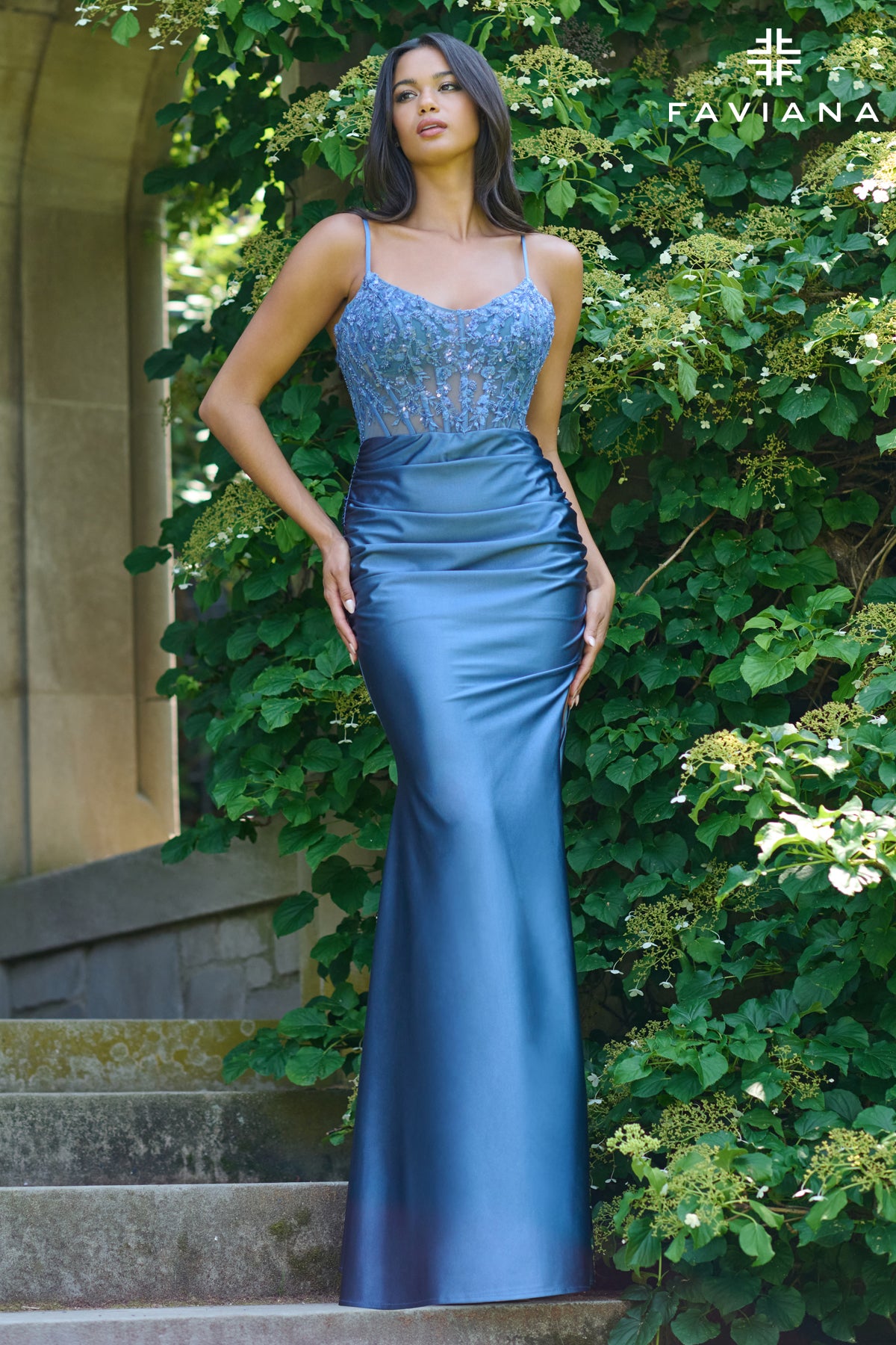 Faviana 11433 Double Strap Corset Lace Gown with Side Rouching