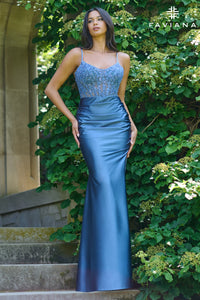 Faviana 11433 Double Strap Corset Lace Gown with Side Rouching