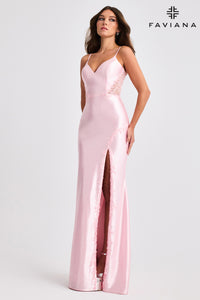 Faviana 11466 Satin Gown with Side Inset and Slit
