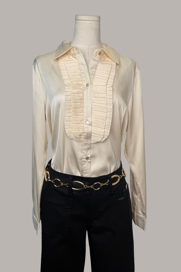 Long-Sleeve Satin Tuxedo Shirt | Ivory, Black