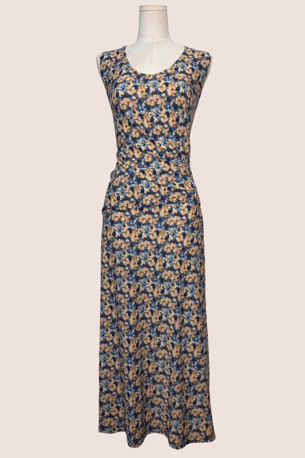 Sleeveless V-Neck Top with Rouching | Yellow/Blue Floral