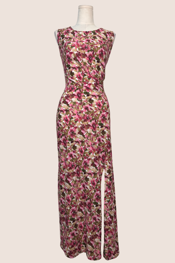 Rouched Maxi Dress with Slit | Black/White Leaf, Pink/Mocha Floral