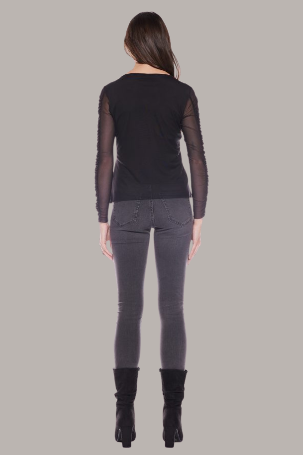 Ruched Sleeve Crew Neck Top | Black