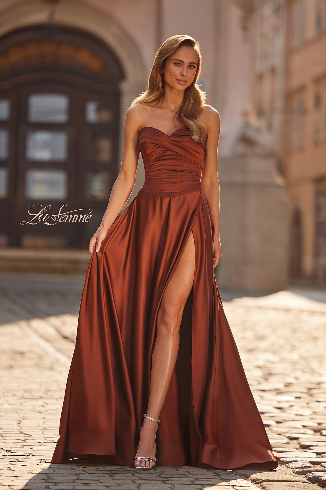 LaFemme 33417 Satin Strapless Gown with Slit