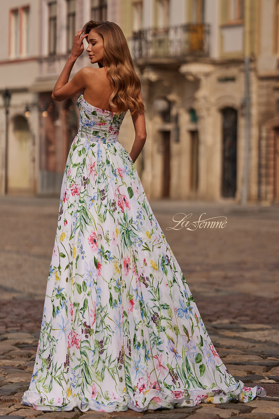 LaFemme 33450 Strapless Floral Chiffon Gown
