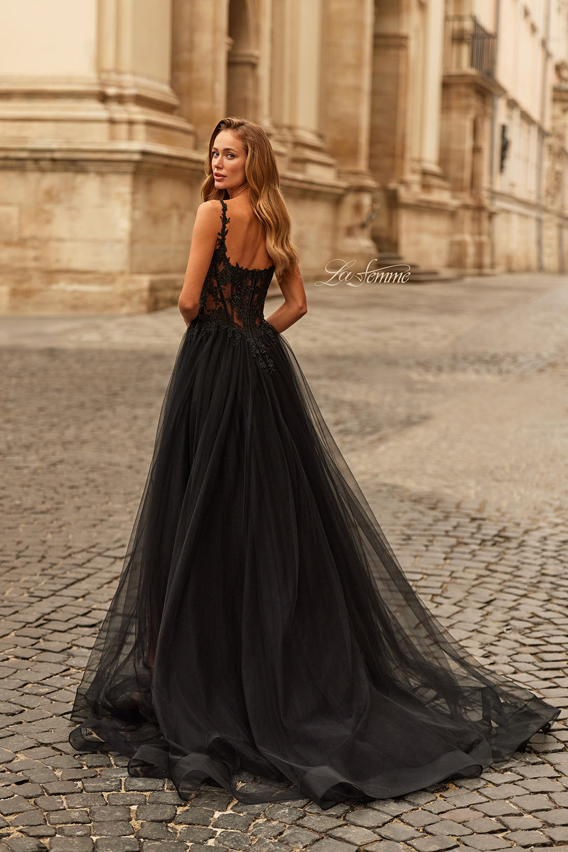LaFemme 33499 Lace & Tulle Double Strap Ball Gown