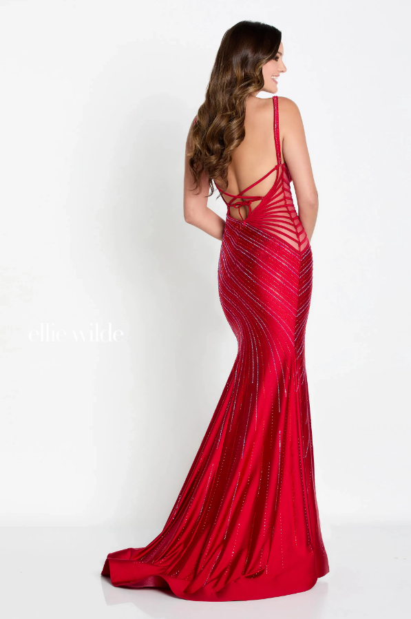 Ellie Wilde 34003 Asymmetrical Stretch Satin Rhinestone Gown | Multiple Colors