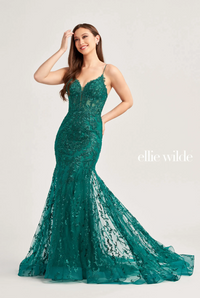 Ellie Wilde 35010 Lace Bustier Style Gown With Godet Skirt