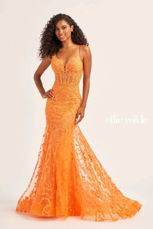 Ellie Wilde 35010 Lace Bustier Style Gown With Godet Skirt