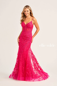 Ellie Wilde 35010 Lace Bustier Style Gown With Godet Skirt
