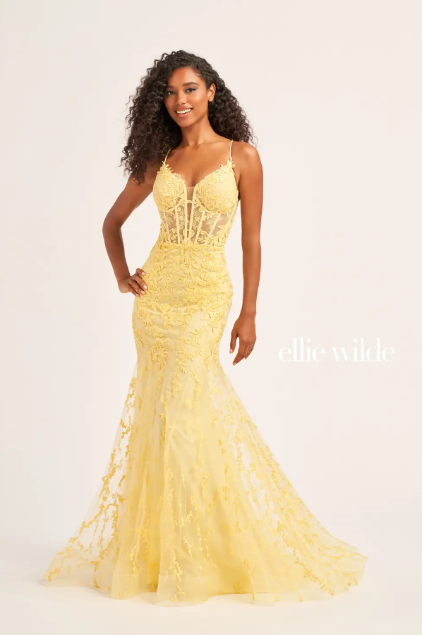Ellie Wilde 35010 Lace Bustier Style Gown With Godet Skirt
