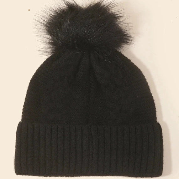 Crochet Knit Pom Pom Beanie | Black, Camel