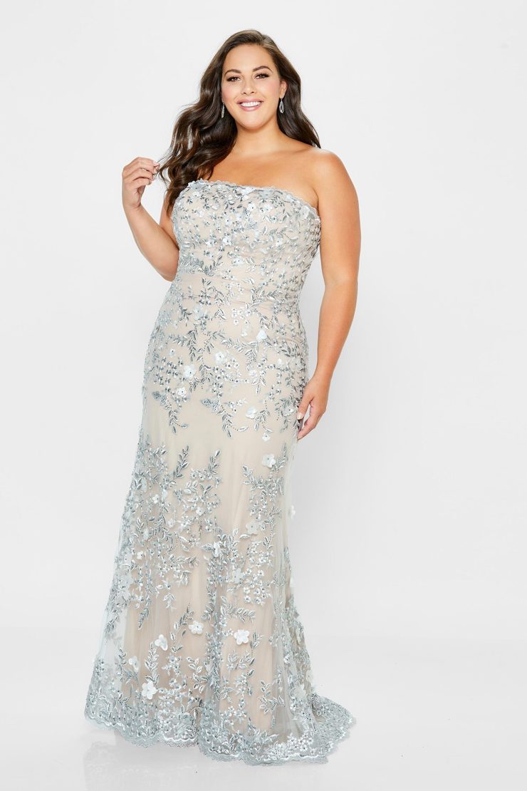 Mon Cheri 118961 Strapless Tulle and Beaded Lace Gown