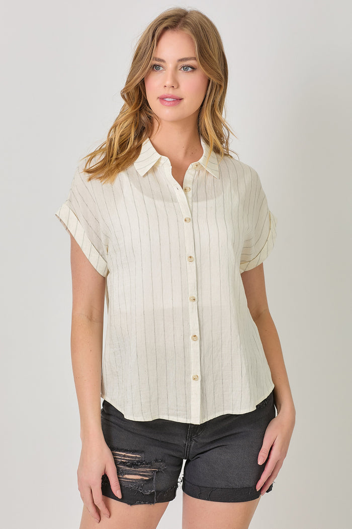 Rolled Up Sleeve Stripe Top | Ivory, Seafoam Green
