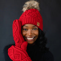 Cable Knit Pom Hat | Red, Beige