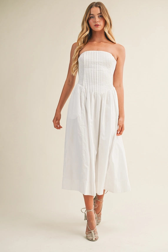Pintuck & Smocked Bodice Strapless Dress | White, Chambray
