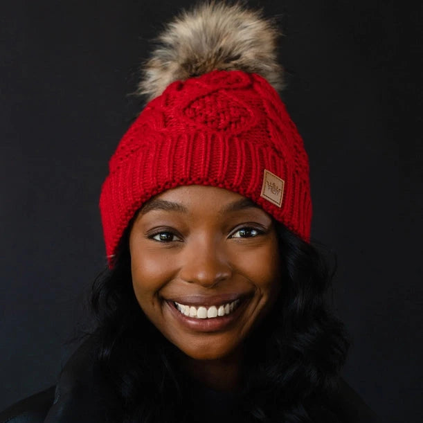Cable Knit Pom Hat | Red, Beige
