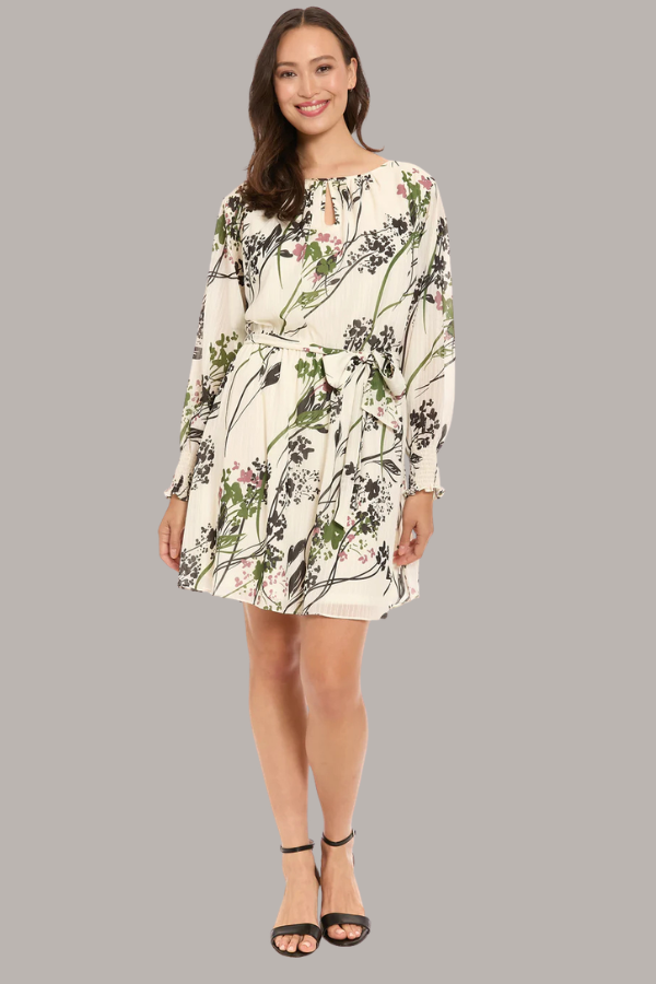 Long-Sleeve Gathered Waist Dress | Ivory/Black/Olive