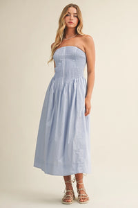 Pintuck & Smocked Bodice Strapless Dress | White, Chambray