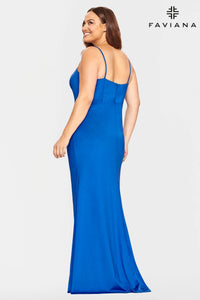 Faviana 9530 Long Dress With V Neck And Shirring Detail Waist | Royal Blue, Black, Red