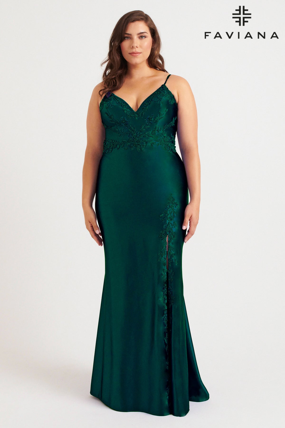 Faviana 9562 Spaghetti Strap Chasmere Beaded Satin Gown with Slit