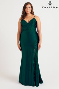 Faviana 9562 Spaghetti Strap Chasmere Beaded Satin Gown with Slit